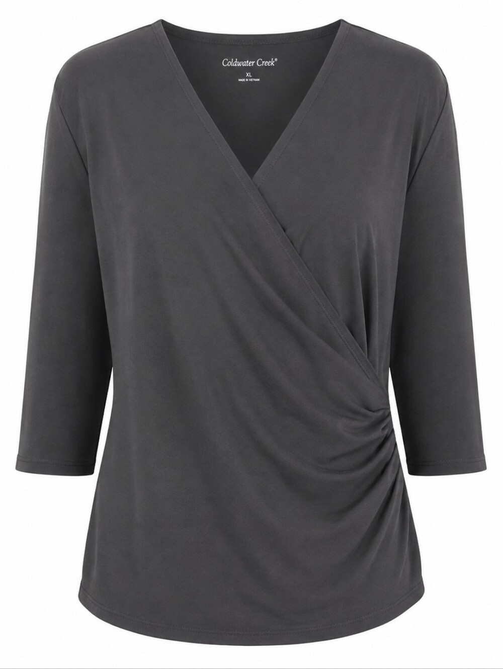 COLDWATER CREEK | Black Faux Wrap Ruched Stretch V-Neck Top Minimalist | XL